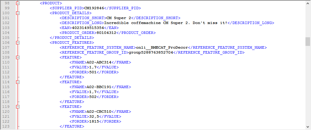 Voorbeeld van een XML-bestand met uw data die zijn omgezet naar het BMEcat-formaat